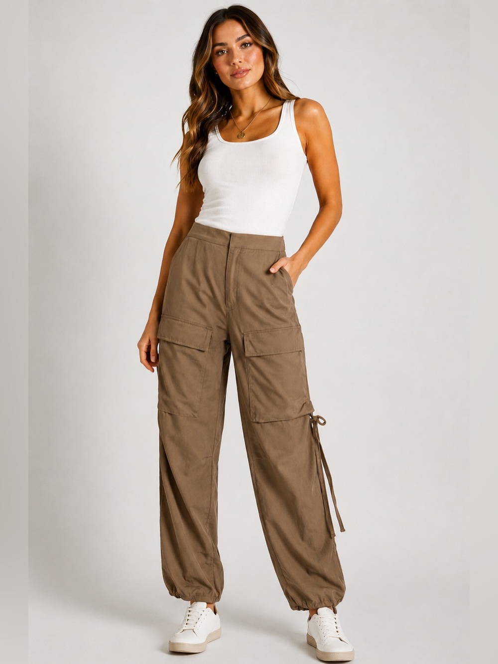 Talulah Brown Cargo Pants Womens S Utility Pocket Stretch Drawstring Hem Casual